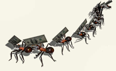 Build ants dragging American dollars. 3d rendering, illustration.の写真素材