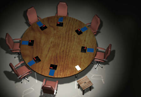 A round table, rich chairs, microphones, a piece of paper, and an old stool. 3d rendering.の写真素材