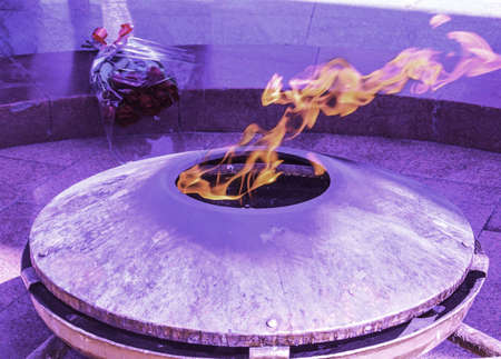 Eternal flame, a blurred, blurred bouquet of roses in the background.
