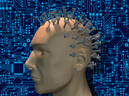 The head is hammered with nails against the background of the printed circuit board of the Internet. A symbol of a head full of unnecessary knowledge and sciences. 3D rendering.の写真素材