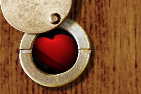 A model of a red heart in the door peephole. 3d rendering.