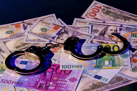 Police handcuffs in US dollars and euros.の写真素材