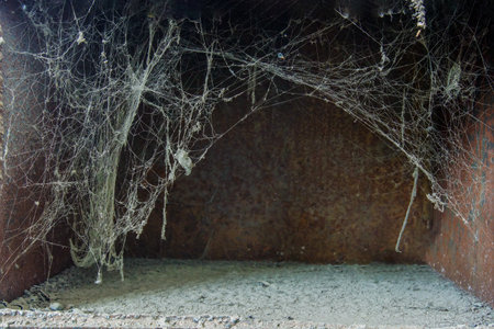 White web on a black brown background, scary frames made of cobwebs. High quality stock photo image featuring a real creepy spider web isolated against a creepy Halloween backgroundの写真素材