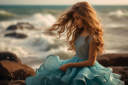 Young girl dreaming of capturing ocean waves with her camera on a sandy beach adventureの素材