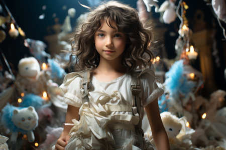 A girl with a professional camera gazes at the seascape, dressed in a light dress by the beach.の素材