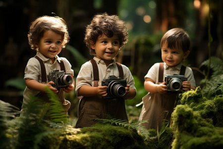 A boy with a professional camera captures joyful moments of friends playing in a lush green forest.の素材