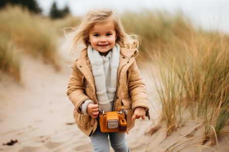 Young girl dreams big by the shore, capturing moments with her professional camera on the beachの素材