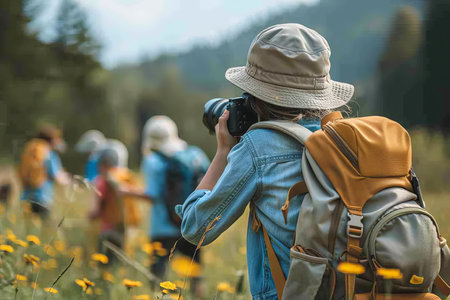 A young photographer captures joyful moments of friends playing in a lush green forest settingの素材