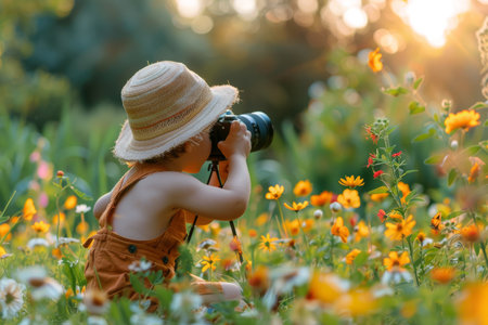 A boy takes pictures of friends playing joyfully in a vibrant green forest settingの素材