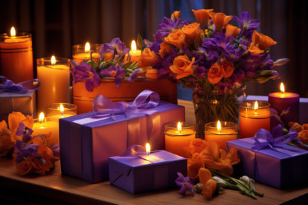 Festive table adorned with beautiful gifts, postcards, flowers, and candles for mom's celebrationの素材