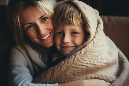 Cozy moment between a mother and child in a warm, scandinavian inspired room for mother's dayの素材