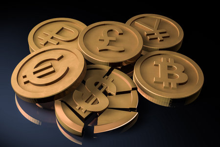 A bunch of coins with logos of euro, US dollar, ruble, Chinese yuan, British pound sterling. The broken US dollar is a symbol of America's currency depreciation.の写真素材