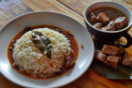 A pile of fragrant rice with pieces of meat and green onions. Simple and delicious food.の素材