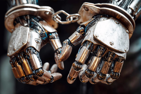 A robot in metal handcuffs symbolizes digital corruption and the constraints on technology in ethical finance and data security.の素材