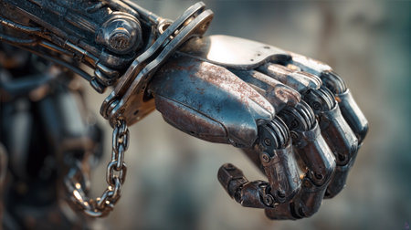 Robotic hands locked in metal handcuffs symbolize the digital threats humanity faces and the urgent need for AI regulation and ethical control.の素材