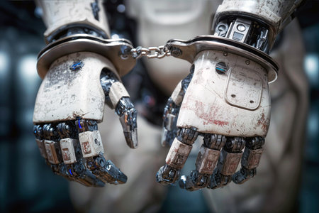 Handcuffed robotic hands illustrate the looming digital danger to mankind, stressing the importance of governing AI's power responsibly.の素材