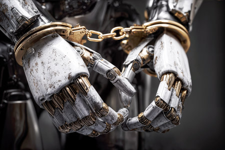 Handcuffed robot hands stained and metallic reveal digital corruption and the struggle to regulate artificial intelligence in financial systems.の素材