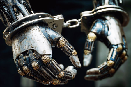 Metallic robotic hands in handcuffs embody digital corruption and AI's entanglement in unethical financial practices and cyber law enforcement.の素材