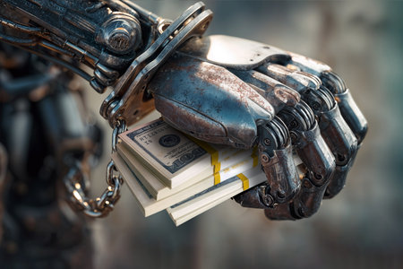 AI robot's hands locked in metal handcuffs while holding bundles of US dollars, illustrating financial captivity.の素材