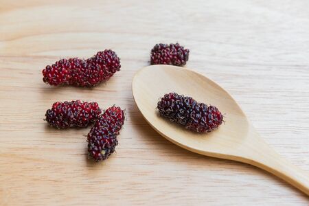Mulberry in spoon on a wood plant, mulberry have Red and black color and  berry fruit good healthの写真素材