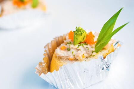 Catering clean food for congratulation wedding party buffet, set of canape and dessert, set fruit salad and pudding.の写真素材