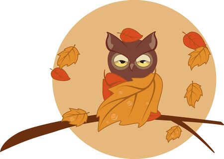 Vector illustration. An owl wrapped in yellow leaves sits on a branchのイラスト素材