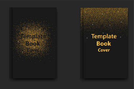 Two black paper closed books gold glitter cover template with binding and glaring edges, editable vector mockup on dark background with soft shadowのイラスト素材