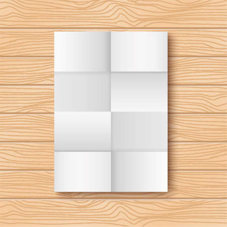 Vertical folded white sheet of paper on wood background, eight tiles, vector mock-upのイラスト素材