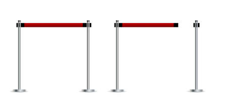 Barrier fence of the airport ticket offices. Portable ribbon border of restriction and dangerous pedestrian zones. Retractable belt stanchion for safety traffic queue in theater premiere, museum exhibition. Vector illustrationのイラスト素材