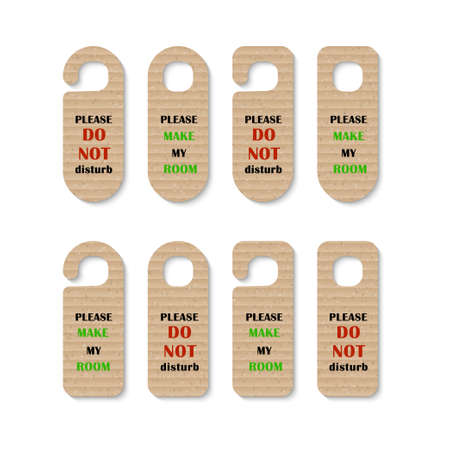 Set of paper badges with "do not disturb" and "please make my room" titles, realistic brown cardboard lock door hanger, vector illustrationのイラスト素材