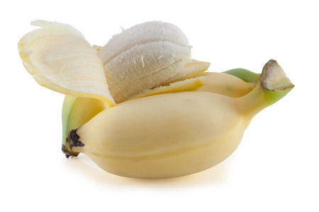 Fresh half peeled banana, isolated on white, clipping path includedの写真素材