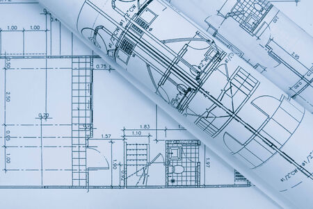 Blue architect rolls and architectural project planの写真素材