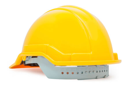 on back yellow safety helmet on white background file includes a excellent clipping pathの写真素材