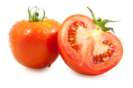 tomato half slice isolated on white backgroundの写真素材