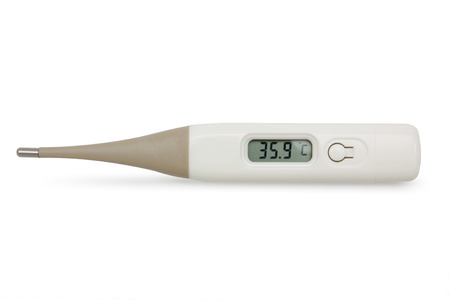 Electronic body thermometer 35.9 c displaying healthy, Isolated on white. Clipping pathの写真素材