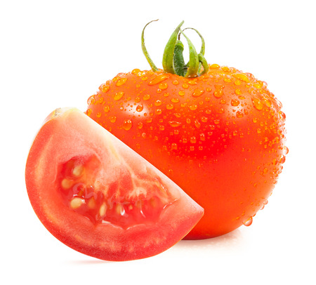 tomato half slice isolated on white backgroundの写真素材