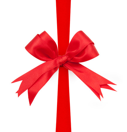 Red ribbon double bow on white background preparation for gift wrappingの写真素材