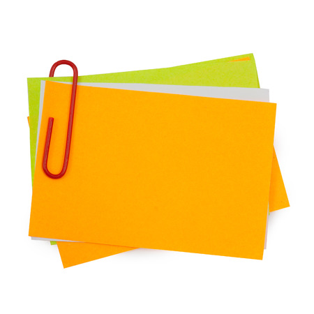 Multi color note with red paper clip isolated clipping pathの写真素材