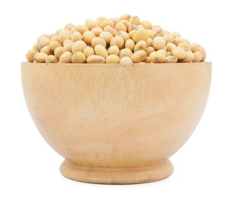 Dried soybean on wood cup isolated on a white backgroundの写真素材