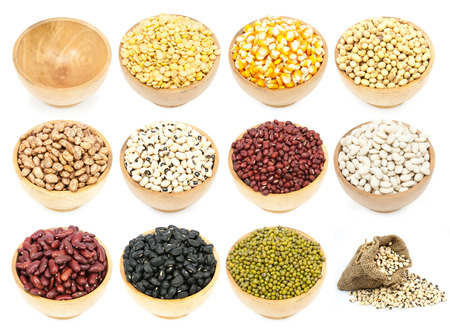 collection of legumes in the cup isolated on white backgroundの写真素材