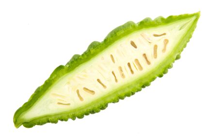 fresh bitter gourd isolated on white backgroundの写真素材