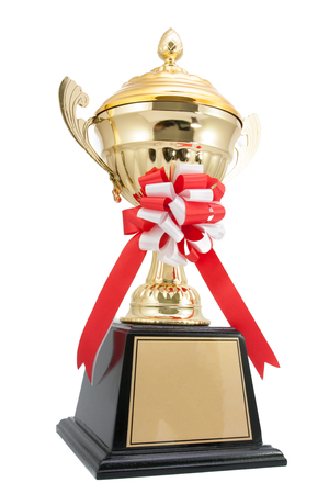 golden trophy isolated on white backgroundの写真素材