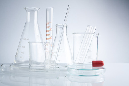Group of laboratory glassware on table, Symbolic of science research.の写真素材