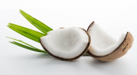 Coconuts with leaves isolated on the white backgroundの写真素材
