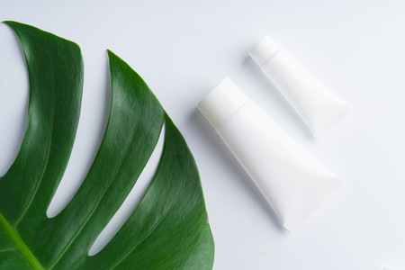 Beautiful natural cosmetics and leaves on light backgroundの写真素材