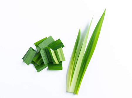 fresh green pandan screwpine leaves isolated on white backgroundの写真素材