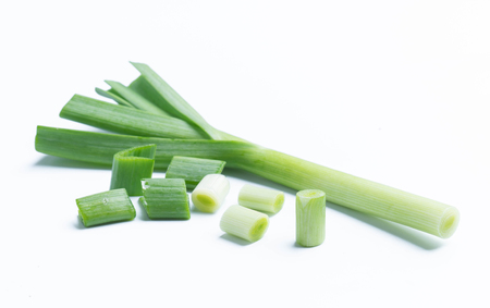 young-green garlic isolated on white backgroundの写真素材