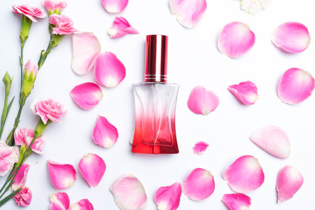 Beautiful perfume bottles  and rose on white background