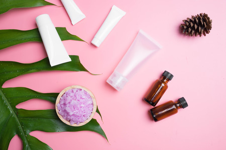 natural cosmetics skincare and leaves on white backgroundの写真素材