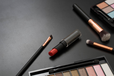 make up  and brushes  on black backgroundの写真素材